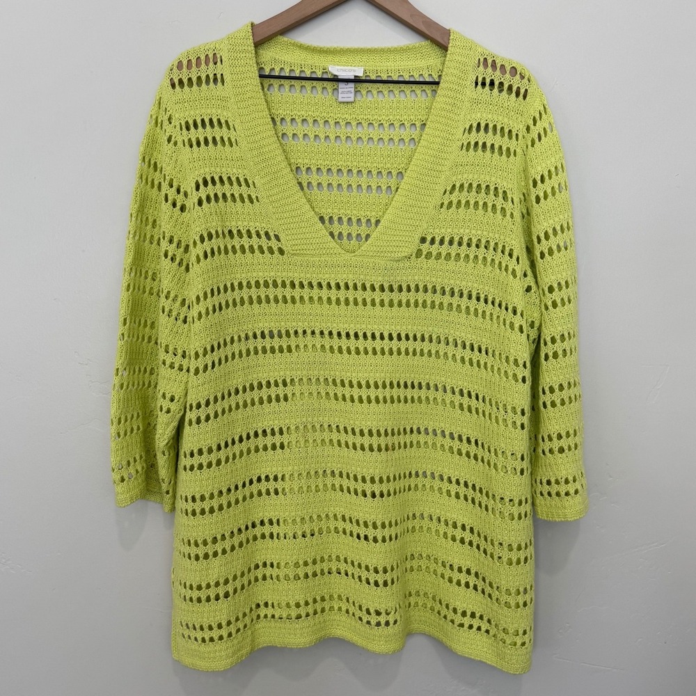 Chico's Lime Green Open Knit V-Neck Linen Blend Sweater Neon Boho Airy XL Size 3